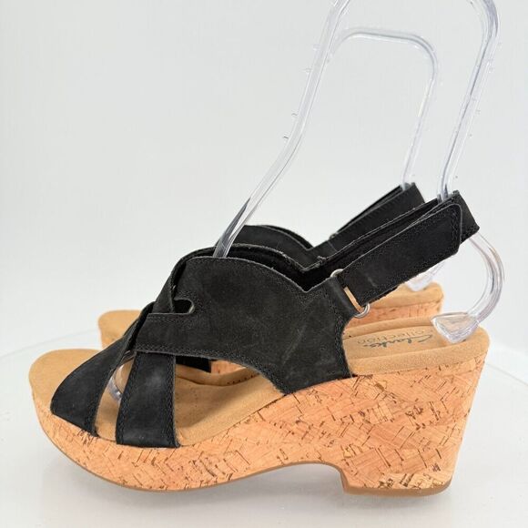 Clarks Giselle Beach Strappy Cork Wedge Heel Platform Sandals Black Size 10M - Picture 6 of 14